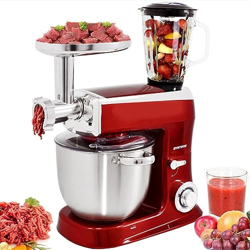 Syntrox Germany Küchenmaschine Wasas Mixen & Zerkleinern 7,5 Liter, Mixer und Fleischwolf in einem, Hackfleisch selber machen, Standmixer,zerkleinerer, Rührgerät, Hochleistungsmixer (rot)