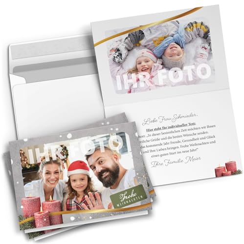 Weihnachtskarten mit Umschlag 10 Stück | PERSONALISIERT mit Text & Foto | Weihnachtskarte selbst gestalten | Premium Grußkarten Set Weihnachten | Vintage Modern – Motiv: Kerzen
