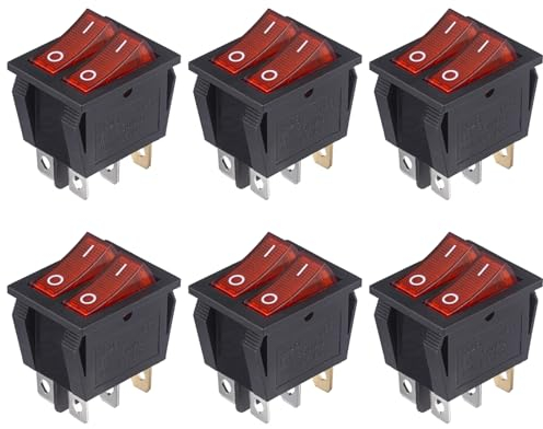 VEXUNGA Interruptor Doble Interruptores Basculante ON OFF 6 Terminales Pulsador Conmutador 15A 250VAC 20A 125VAC con Luz Roja Encendido/Apagado (6 Piezas)