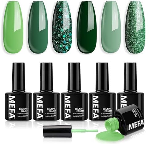 MEFA UV Nagellack, 6 Farben Grün Glitzer Farben 7 ML Soak Off UV LED Gel Nagellack Schellack Set für Gelnägel Nail Art Kit Maniküre Nageldesign Nägel Selber Machen