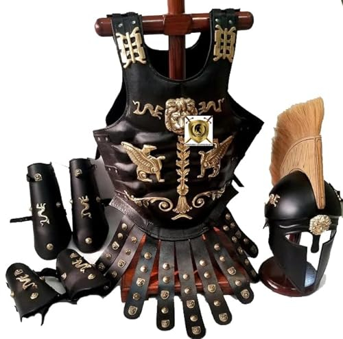 HISTORIC HANDICRAFT Mittelalterliche Leder-Brustpanzer-Muskeljacke, Helm, Bein-Armschutz, Messing-Design, griechisch-römisches Kostüm, Nachbildung, antikes für Halloween, Cosplay