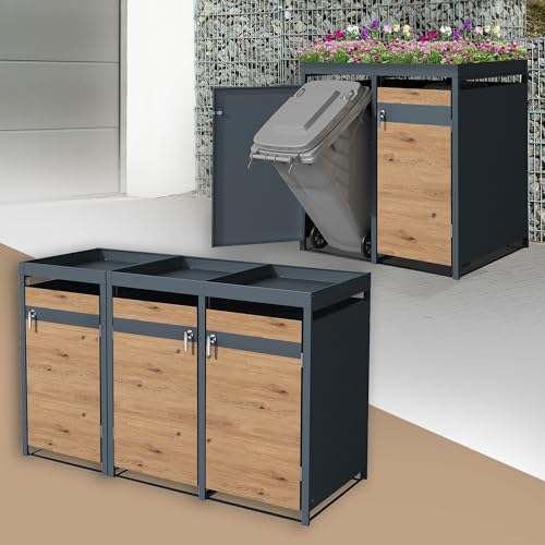 ML-Design Mülltonnenbox 3er mit Pflanzdach für 3 Tonnen, 240L 200x80x124 cm, Holzoptik, Stahl, wetterfest, Abschließbare Mülltonnenverkleidung mit Tür, Müllbox Mülltonnecontainer Mülltonnenabdeckung
