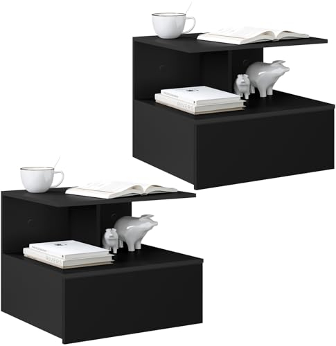 WOLTU Nachttisch hängend, 2er-Set, schwebender Nachtschrank mit Schublade, offenem Fach, Nachtkästchen, Nachtkommode, Nachtkonsole, Wandregal, Wandschrank, Schwarz, aus Holzwerkstoff, 40x31x35 cm