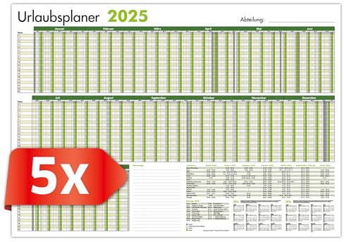PRIMUS PRINT - Mitarbeiter Urlaubsplaner - Wandkalender 2025 - Monatskalender - A1-594x841mm - bis zu 20 Mitarbeiter - Urlaubskalender - inklusive Feiertagen - diverse Ausführungen [5x Gefalzt Grün]