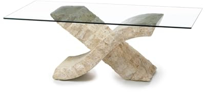 MONDO VIRO Table basse en pierre fossile Vinni top en verre trempé 120 x 70 cm 40 h