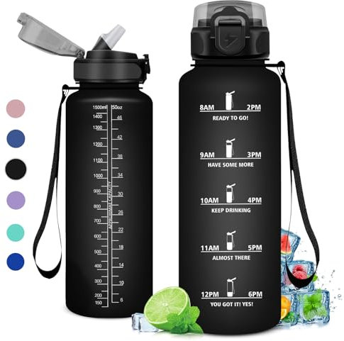Gourde 1.5L, Gourde Sport avec Paille, Étanche & Réutilisable, Bouteille d'eau avec Marqueur de Temps, Gourde Graduée pour 1 Journee, sans BPA, Adulte, l'école, Cyclisme, Voyage, Camping, Gym