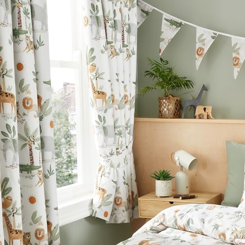 Happy Linen Company Vorhang-Set für Mädchen, Jungen, Kinder, Dschungel-Safari-Tiere, elfenbeinfarben, 168 x 183 cm, Ringschiene, vollständig gefüttert, Thermo-Verdunkelung, Bleistiftfalten