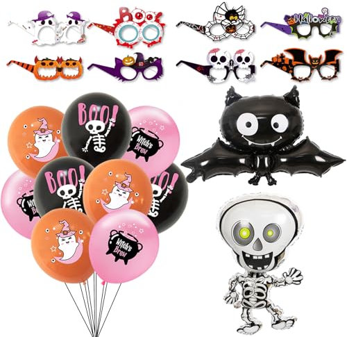KOBOKO Rosa Halloween Deko Luftballons, Fledermaus Deko Halloween Ballon Rosa Skelett Deko Gläser Set, Horror Deko Halloween Deko Innen Folienballons, Vampir Deko Folienballon für Halloween Party Deko