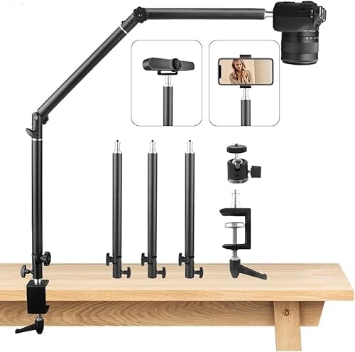 JEBUTU Supporto per Treppiede per Fotocamera da Tavolo, Braccio Articolato a 3 sezioni con vite da 1/4, Flessibile, Regolabile, Testa a Sfera, Morsetto a C per Fotocamera, Proiettore, Luce Anulare