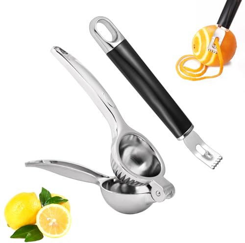 Lemon Squeezer, Stainless Steel Citrus Juicer Manual with 2 in 1 Lemon Peeler Zester Professional Citrus Squeezer Hand Press & Lemon Twist Peeler for Kitchen Bar Restaurant