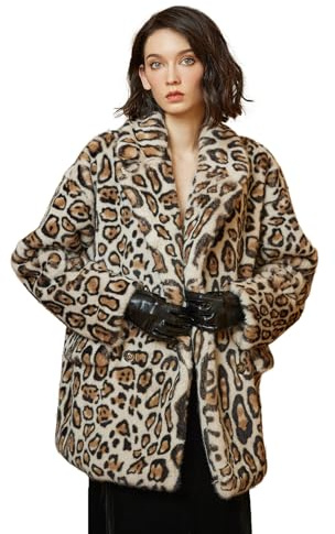 BEAUTELICATE Damen Kunstpelz Jacke Leoparden Mantel Warm Umlegekragen Winterjacke Wintermantel Kunstfell Mantel mit Taschen Langarm Casual Zweireihig Coat Übergangsjacke Midlang Outwear