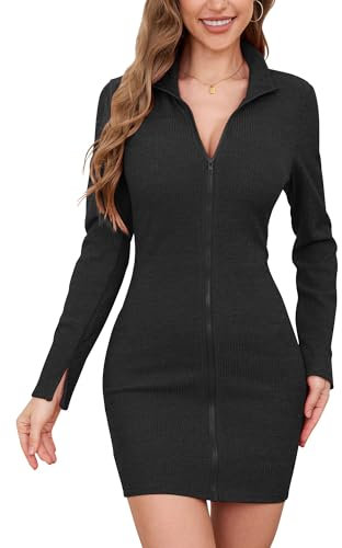Colisha Women Jumper Dress Casual Long Sleeve Full Zip Up Bodycon Mini Dress Winter Slim Fit Knitted Sweater Dresses #2 Black L