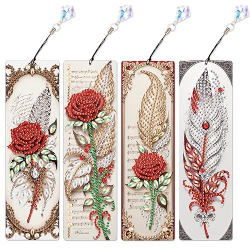 DCIDBEI 4 Pack Diamond Painting Lesezeichen Bunt Set Malen nach Zahlen Erwachsene Seite Markierungen Clip Bookmark Für Bücher Seitenmarkierungsclip Lesezeichen Lesen Zubehör (Feder Vintage Rosen)