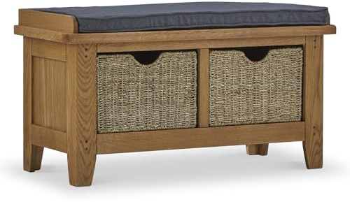 RoselandFurniture Broadway Oak Storage Bench with Baskets for Hallway | Fully Assembled, Wooden Shoe Compartment with Fabric Seat, Waxed Finish, Traditional Rustic Style, H50cm W90cm D42cm