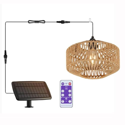YIKEGE LICHT Rattan Solar Hängelampe Solarlampe für Außen Balkon Fernbedienung Hängeleuchte Hängend Korb Lampenschirm Pendelleuchte ohne Strom Wasserdichte Wandlampe Deckenlampe für Dachrinnen Garten