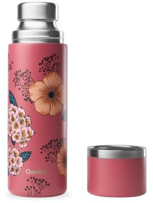 Qwetch - Thermoskanne Edelstahl 750ml Anemonen - Isolierflasche & Thermosflasche mit recyceltem Edelstahlbecher - 24h kalt & 12h heiß - Auslaufsicher, BPA-frei & perfekt für Kaffee und Tee