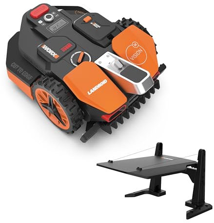 Pack Worx LANDROID Vision 800m² Robot Tondeuse sans Fil périphérique, WR208E.1 + Garage de Protection Design (Caméra 4K + IA Adaptative, évite Les Obstacles, Coupe des Bordures, Multizone)