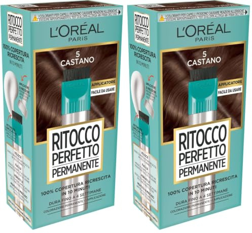 L'Oréal Paris Colorazione Ritocco Perfetto Permanente, Copre 100% della Ricrescita, In Soli 10 minuti, Fino a 4 Settimane, Colore: Castano (Confezione da 2)