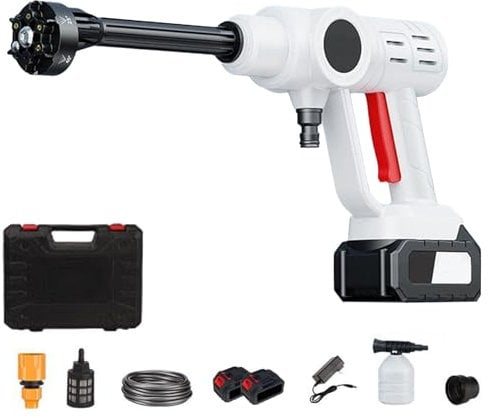 Nettoyeur Haute Pression sans Fil, 2 Batteries 21V Nettoyeur Haute Pression Portable avec 10mt de Tuyau, 6 en 1 Pistolet à buse Nettoyeur Haute Pression Mobile pour Voiture Jardin terrasse (Blanc)
