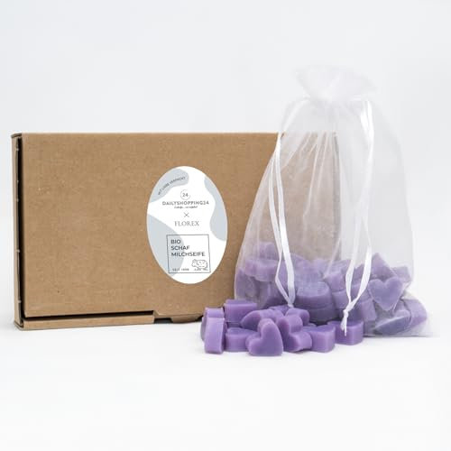 Florex Schafmilchseife in Herz-Form – 50 Stück Mini-Gästeseifen – Handgemachte Naturseife – Taufe, Kommunion, Konfirmation, Gastgeschenk – In Geschenkbox (Lavendel-Limone - Lila)