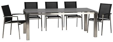 acamp Stapelsessel 6er Set | Wetterfester Gartenstuhl mit Edelstahlgestell & Polywood-Armlehnen | Industrieller Stil | Keramiktisch mit Flying-Top Optik | schwarz (Nero)