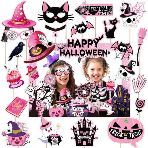 FOSDICK 30 Stück Halloween Foto Requisiten und 1 Fotorahmen Fotobox Accessoires, Lustige Halloween Fotobox Requisiten, Party Foto Booth Requisiten, Photobox Accessoires für halloweenS Party Deko