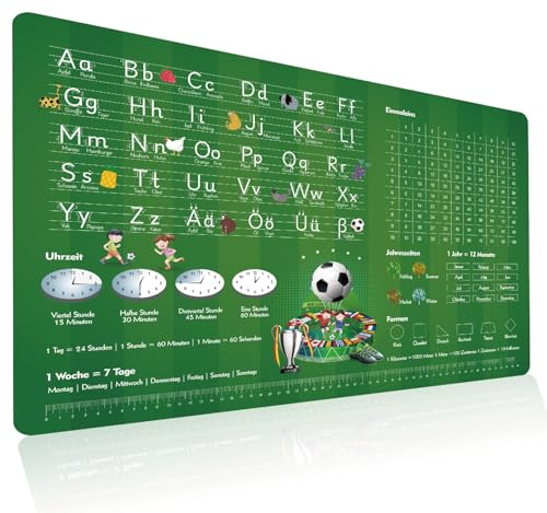 Lernen Schreibtischunterlage für Kinder - Lernunterlage Deutsch ABC Alphabet mit Letter Tracing - 1x1 Uhrzeiten Optik - Wasserfest und Abwischbar aus Silikonähnliches Leder (Thema Fußball)
