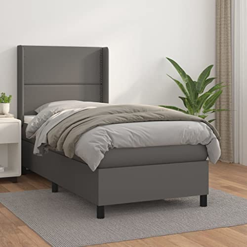 Bucmath Boxspringbett mit Matratze, Grau 100x200 cm, Kunstleder, höhenverstellbares Kopfteil, Taschenfederkernmatratze für Schlafzimmer, Möbel