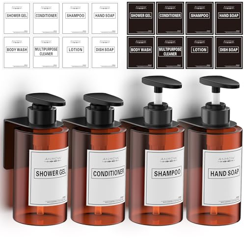 Anhow 4er 300ml Seifenspender Wandbefestigung Set Duschgelspender Seifenspender Wand Ohne Bohren mit Trichter und Wasserdichten Etiketten für Küche Bad Handseife Shampoo Spülmittel Duschgel - Braun