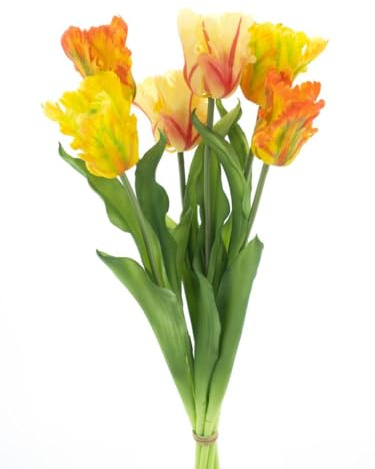 mucplants Künstliches Tulpenbündel Parrot 52cm, Real-Touch Tulpenstrauß mit 6 Tulpen, Ostern Dekoration (Orange-Combo)