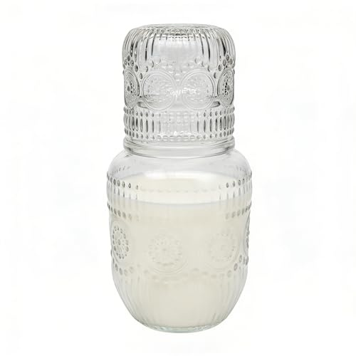 Wasserkaraffe – 7.08 Inches Schneeflocke Design | Nachttisch Karaffe - Set Becher Deckel – Elegante Glaskaraffe Mit Nostalgischem Muster Für Wasser Oder Saft Im Schlafzimmer.
