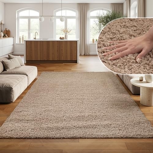 SIMPEX Shaggy Hochflor Teppich, 100x200 cm, Beige, weich, flauschig, modern, einfarbig, Für Schlafzimmer oder Flur, für Wohnzimmer Schlafzimmer Flur