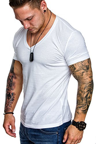 Amaci&Sons Oversize Herren Slim-Fit V-Neck Basic T-Shirt V-Ausschnitt 1-0006 Weiß S