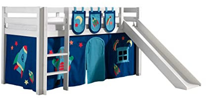 Spielbett inkl. Rutsche mit Textilset Vorhang & 3 TaschenAstro, Kiefer Massiv weiß
