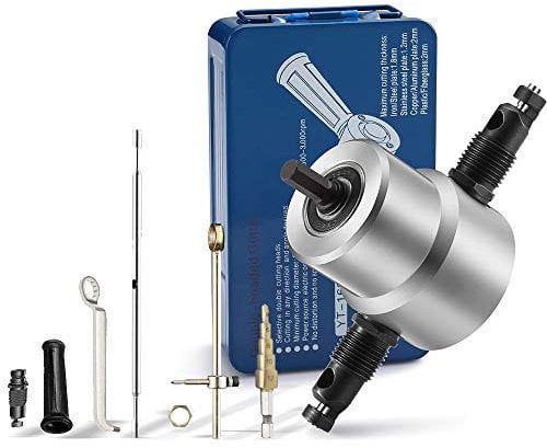 Double Head Sheet Nibbler Metal Cutter by FUJIWARA, Drill Attachment Metal Nibbler Tool Kit with Wrench and Extra Nibbler Parts (8 Pcs Set, Iron Tool Box) (8Pcs Set)