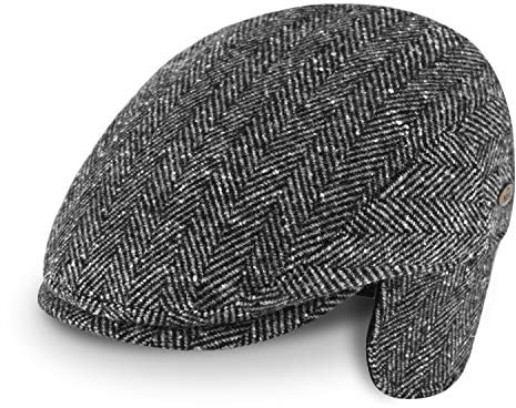 fiebig Flatcap Herringbone mit Ohrenschutz | Schirmmütze aus Wollmix mit Ohrenklappen | Fischgrät Gatsby Kappe Made in Italy (57-M, Anthrazit)