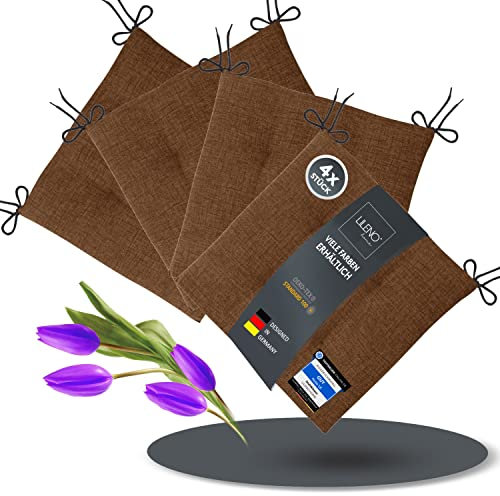 LILENO HOME 4er Set Stuhlkissen Braun (40x40x4,5 cm) - Sitzkissen für Gartenstuhl, Küche oder Esszimmerstuhl - Bequeme UV-beständige Indoor u. Outdoor Stuhlauflage als Stuhl Kissen
