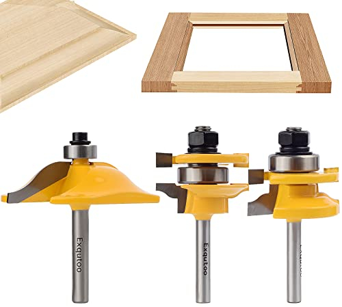 Exqutoo 3PCS 1/4 Shank Router Bit Set, Raised Panel Cabinet Door Making Router Bits, Cemented Carbide Router Bits, Woodworking Tools Router Door & Window Bits (Tenon Joint Cutter Diameter: 1-5/8)