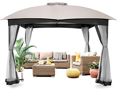 FAB BASED Gartenpavillon 3x3m Wasserdicht Stabil Winterfest mit Moskitonetz, Pavillon Stahlrahmen UV-Schutz Doppelbelüftung, inkl. 4 Sandsäcke – Gartenzelt für Terrasse & Garten (Khaki)