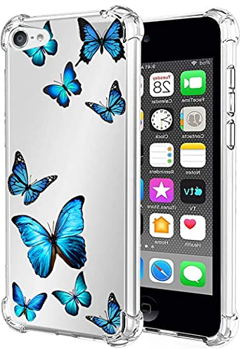 Vavies Schutzhülle für iPod Touch 7/iPod Touch 6/iPod Touch 5 Case Schlankes stoßfestes Hülle mit transparentem Blumenmuster, weich-Flexibler TPU-Schutz Handyhülle für iPod Touch 7 Blau-Schmetterling