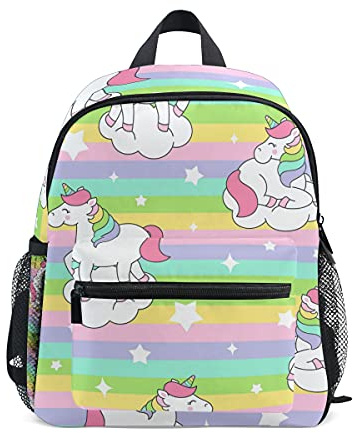 Kinder-Rucksack für Mädchen und Jungen, süßes Einhorn mit bunten Regenbogenstreifen, Schultasche mit Brustgurt und Flaschenhalter, Rucksack für Vorschule, Kindergarten, leicht