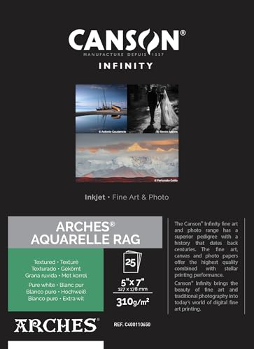 CANSON Infinity ARCHES Aquarelle Rag - Tirage papier Fine Art ARCHES - Boîte de 25 feuilles 12,7x17,8cm - Grain texturé - Blanc pur - 310 g/m²