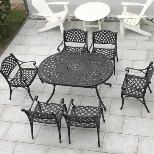 Lazy Susan Ovaler June Gartentisch | Sandguss-Aluminium | Wetterfest | Rostfrei | Wartungsarm | 3 Jahre Garantie | Antik Bronze (6 x Kate Stühlen)