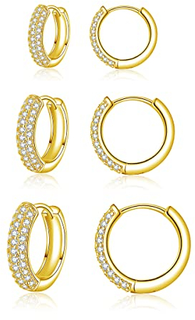 Zolkamery Silber Ohrringe Set, 3 Paare 925 Sterling Silber Creolen mit AAAAA Zirkonia, Unisex Schlafen Kreolen Ohrringe, Gold Creolen in 9-13mm