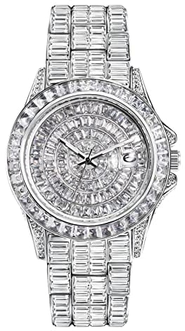 ICEDIAMOND Iced Out Luxus-Armbanduhr mit CZ-Diamanten im Vollbaguette-Stil, 42 mm Bling-Zirkonia-Kalender, rundes Zifferblatt, vergoldete Uhr für Herren (White)