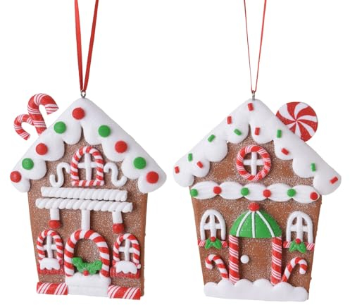 Set Weihnachtsbaumanhänger Christbaumanhänger Lebkuchen-Ornamente Zuckerstangen Weihnachtsbäckerei Weihnachtsbaum-Dekoration zum Aufhängen (2 Stück Lebkuchenhäuser)