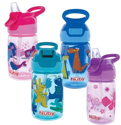 Nuby Flip-it Reflex Bouteille d'eau imprimée à bouton poussoir avec bec souple – 360 ml, 18 mois et plus, 1 pièce – Vous recevrez l'une des couleurs suivantes : turquoise, bleu, rose ou violet