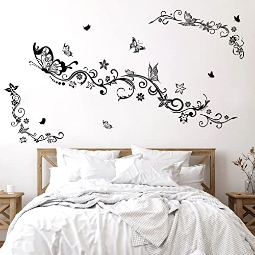 wondever Wandtattoo Blumen Schwarze Pflanzen Rebe Wandaufkleber Blumenranken Schmetterling Wandsticker Wanddeko für Kinderzimmer Mädchen Schlafzimmer