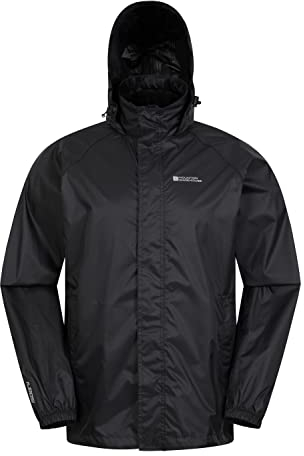 Mountain Warehouse Pakka wasserdichte Herren Jacke zusammenfaltbare Regenjacke Windjacke Kapuze Tragebeutel Camping Outdoor, Herbst Schwarz Large