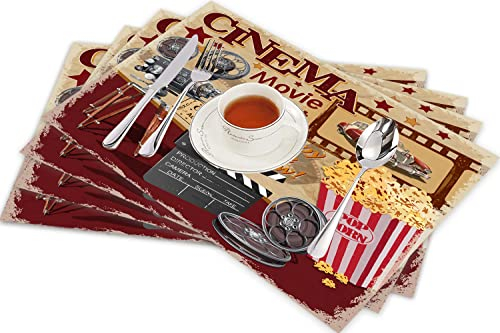 Tischsets für Esszimmer Küche Tisch 4er Set,Kino-Retro-Poster-Design,Hitzebeständig Tischmatte Home Dekoration Abwaschbar Platzset